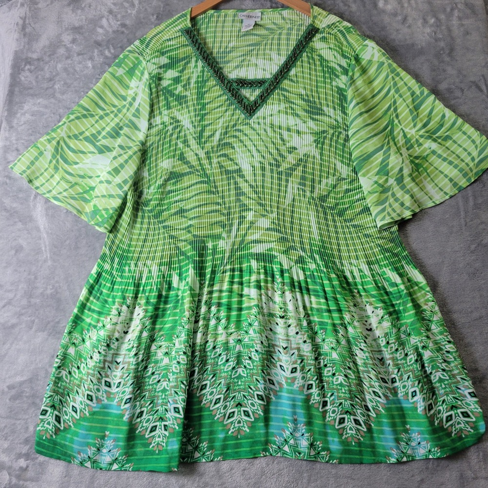 Catherines Green Palm Print Tunic Top 3X Beaded Neckline Boho Cottagecore